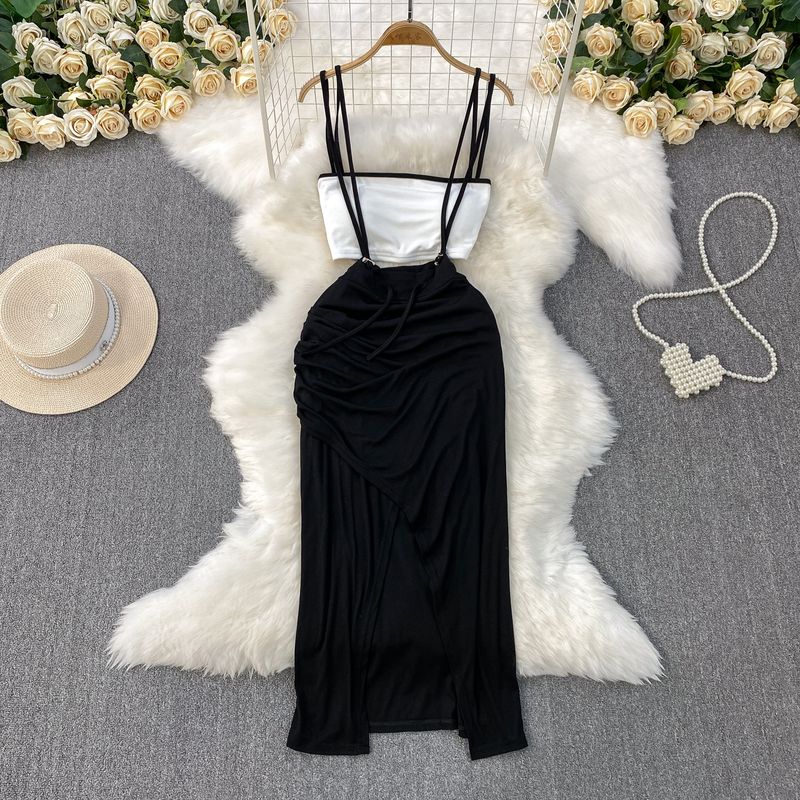 

Европейский и американский стиль гяру, сексуальное лоскутное платье-бюстье с нагрудными подушечками, женское платье на кулиске, облегающее, стройнящее, с разрезом, длинное Black One size