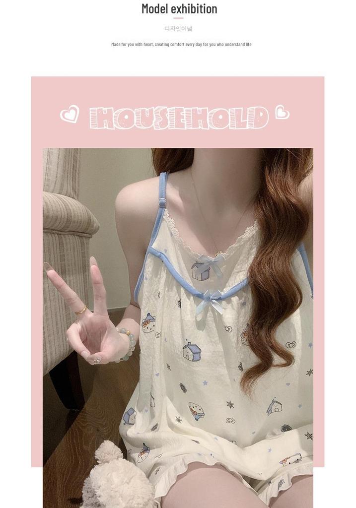 Korean Style Petite Women's Pajama Set with Chest Pads and Sweet Bow Summer Camisole, Suitable for Outdoor Wear