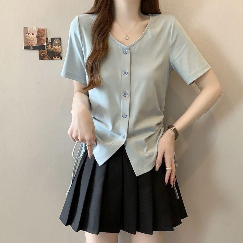 Oversized Women's Clothing Design Looks Slim Drawstring V-neck Irregular Shoulder Short Sleeved T-shirt Summer Trend