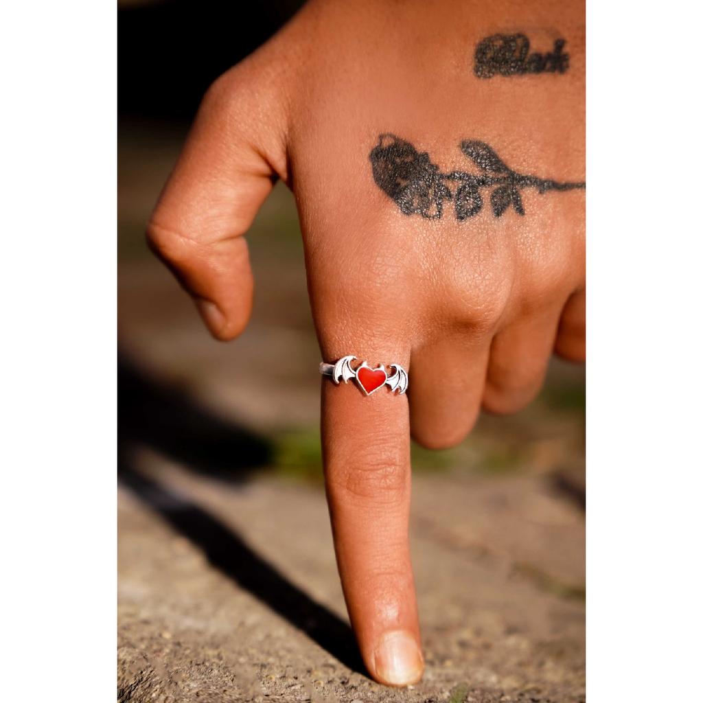 Gothic Heart Heart Decor Double Wing Unisex Adjustable Ring