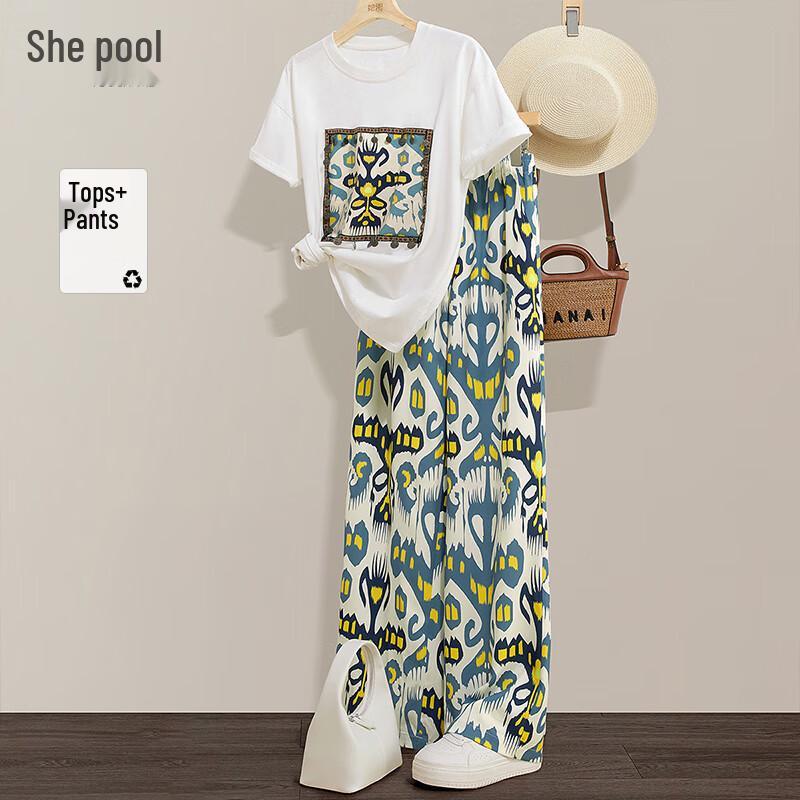 

Women s Summer Printed T-Shirt & Wide-Leg Pants Set S