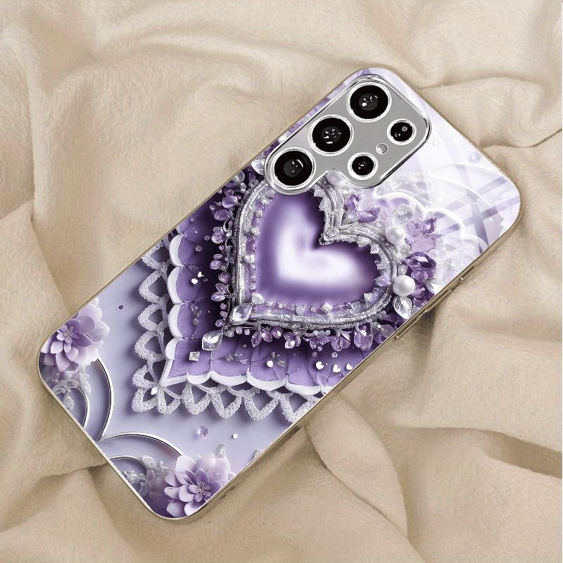 Gold-plated tempered glass phone case, compatible Galaxy S26 S25 S24 S23 S22 Ultra Plus. Purple lace heart design.