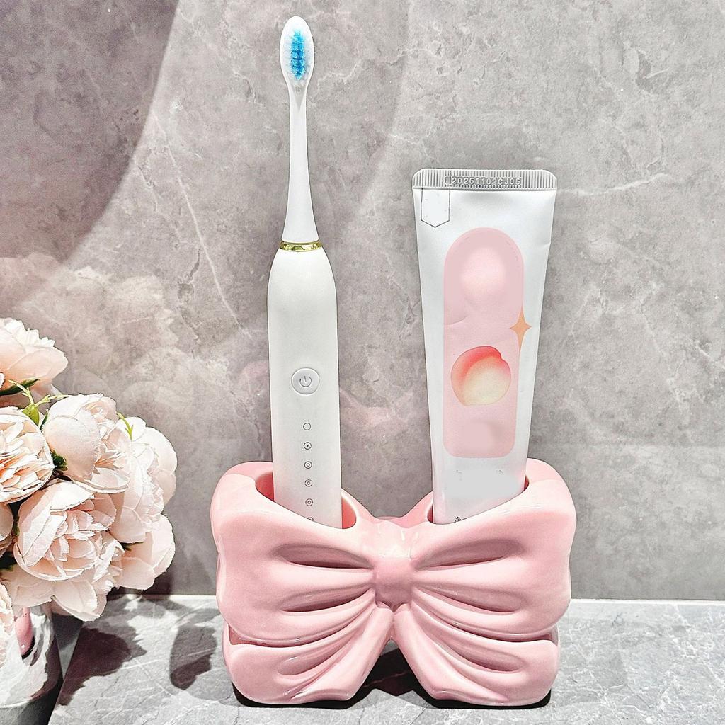 Bowknot Shape Ceramic Toothbrush Holder for Home and Bathroom Countertop Bowknot Decoration