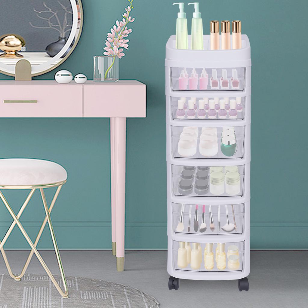6-Tier Rolling Storage Cart W/ Drawers, Mobile Organizer Cabinet On Wheels, White Storage Tower for Bedroom Closet Organization