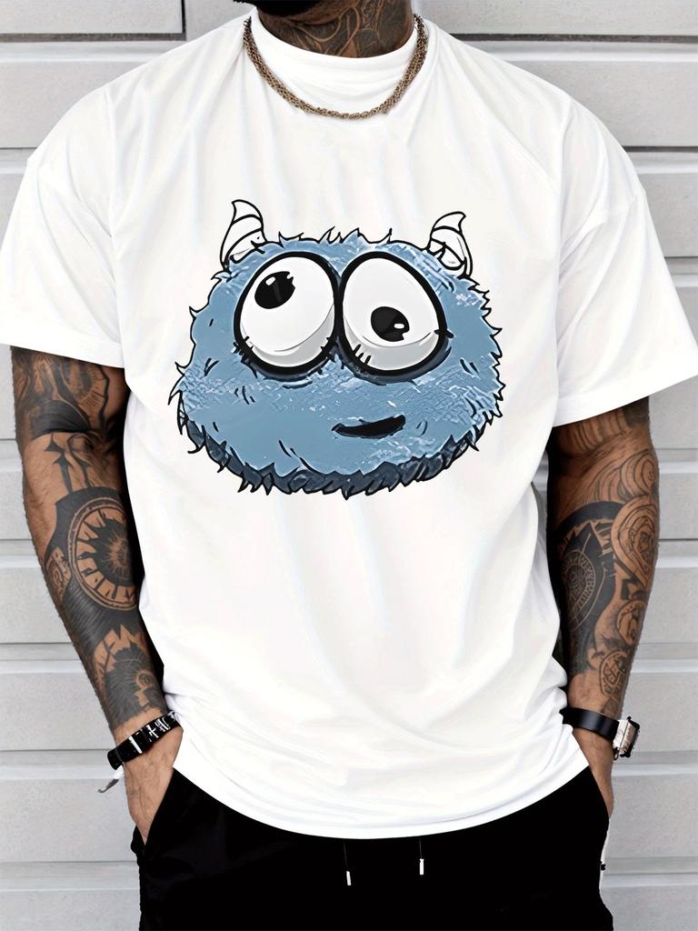 Unisex Crew Neck Tee Cute Big Eyed Blue Furry Monster Print Short Sleeve Top Summer Outdoor Loose Soft Casual Basic Daily Wear