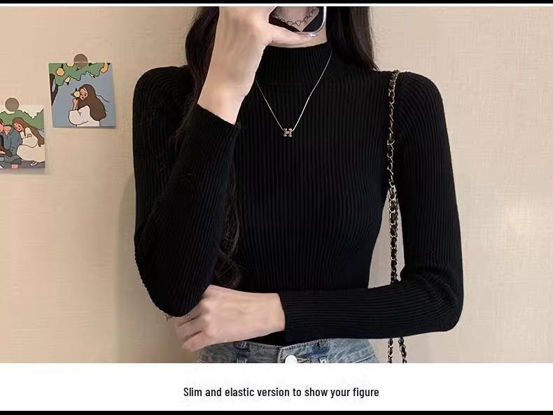 Pulover de damă cu mâneci lungi, slim fit, pe jumătate cu gât, top versatil din tricot în stil coreean pentru primăvară, toamnă și iarnă.