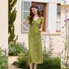 Women's French Retro Water Pattern V-Neck A-Line Maxi Dress