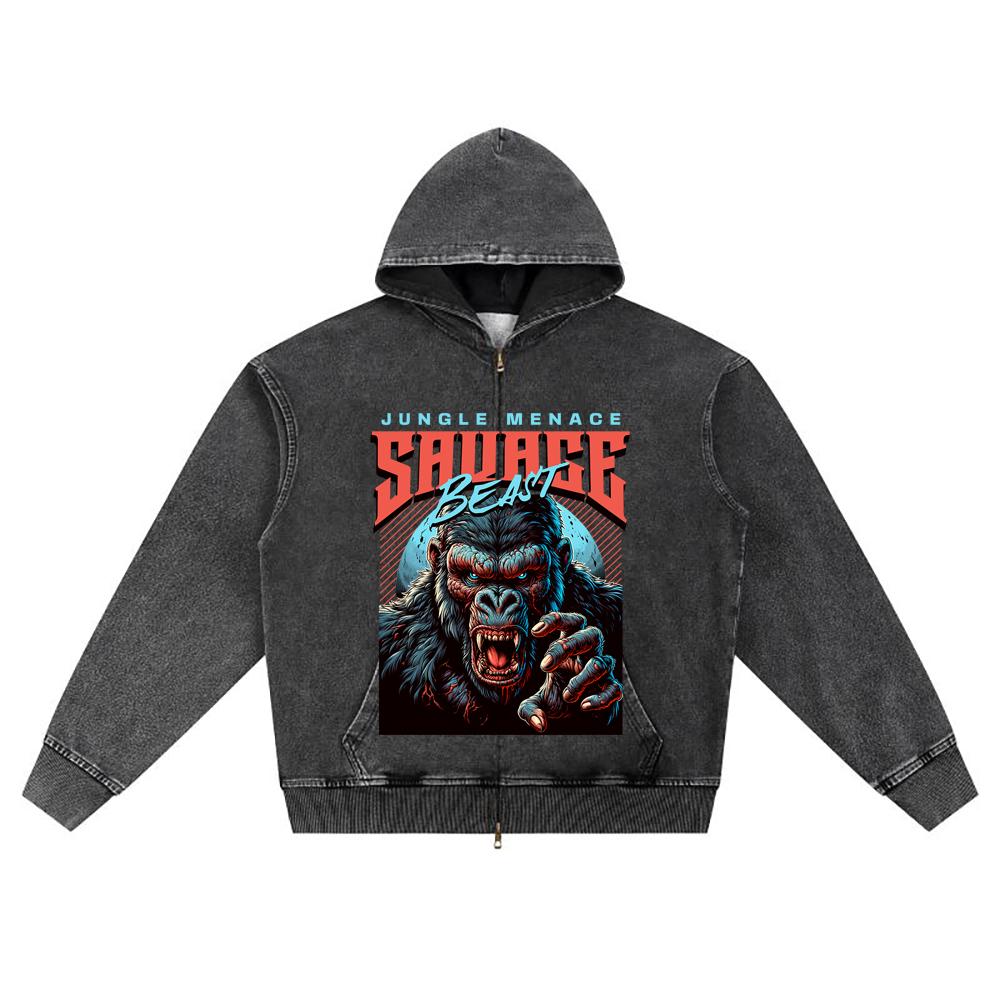 DTG Print Knitted Denim Zip-Up Hoodie Streatwear Brother Print Zipper Hoodies