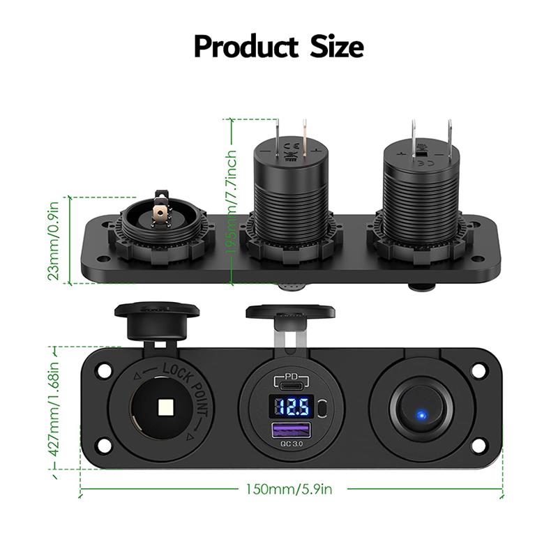 Cigarette Lighter Socket 12V Splitter with Toggle Switch PD USB C QC3.0 Car USB Charger Socket Splitter Panel with LED Voltmeter