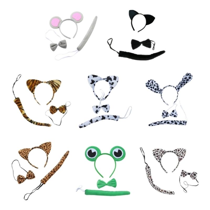 Cat/Mouse/Dog/Cow/Leopard/Frog/Tigeres Costume Set Ears Headband Tail Bow Kid Halloween Christmas Animal Cosplay Props