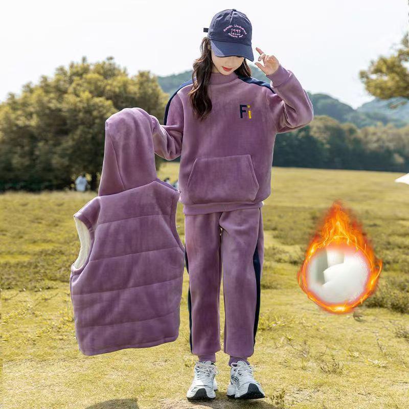 

Зимний спортивный костюм для девочек, осенняя одежда для малышей и подростков, бархатная куртка, жилет + худи + полосатые брюки, детский комплект 4 10 11 12 лет 120 фиолетовый