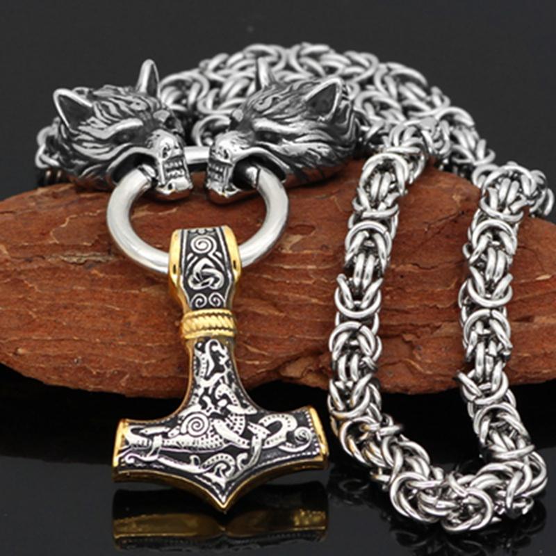 1pc Men s Vintage Nordic Viking Wolf Head And Hammer Pendant Necklace золотистый