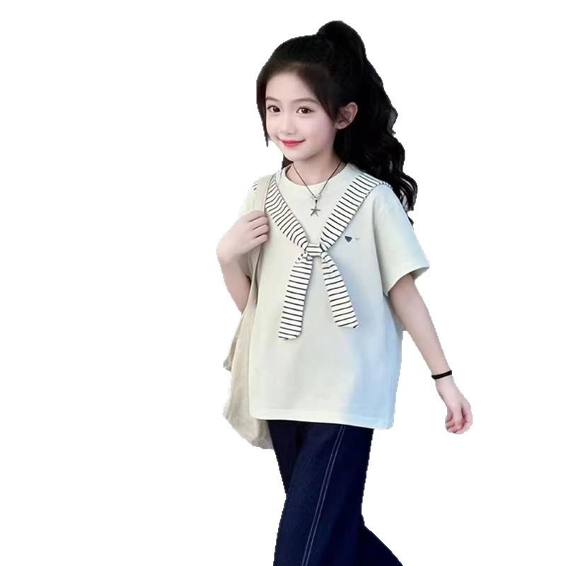 Girls Summer Navy Cape Short Sleeve T Shirt With Bow Tie Round Neck Top For Big Kids Students