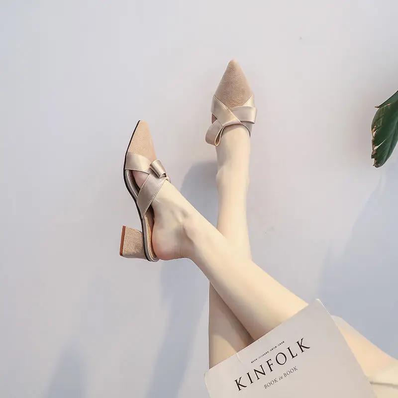 Fashion Slides Outside Shoes for Women Black Woman Slippers Pointed Toe Job Mules with Bow Heeled Sandals New Style Wholesale Trend B I