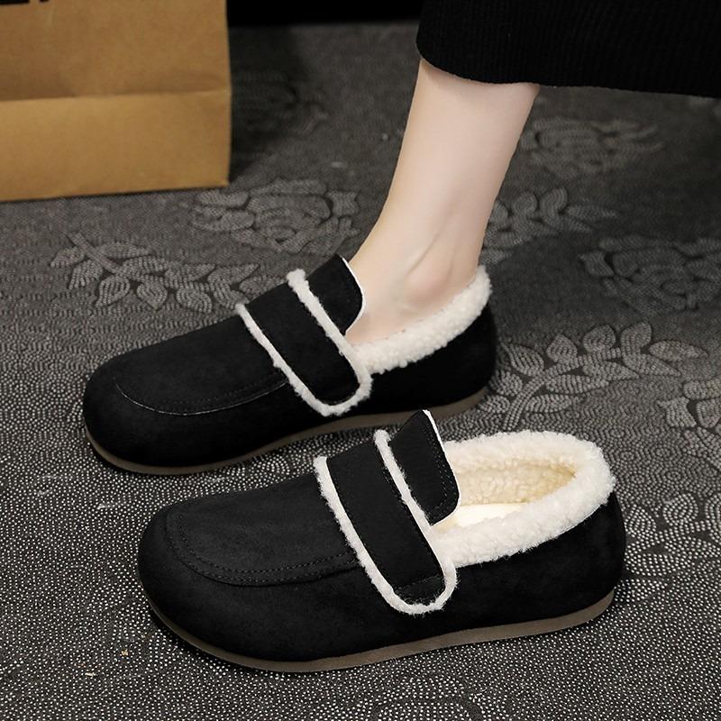 

Autumn and winter new one-pedal lamb wool beanie shoes flat shoes velvet warm non-slip cotton shoes 40 чёрный