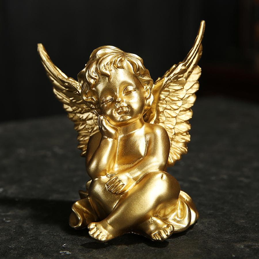 Set of 2 Cherubs Angels Resin Gold Angel Statue Figurine, Indoor Outdoor Home Garden Decoration, Adorable White Angel Sculpture