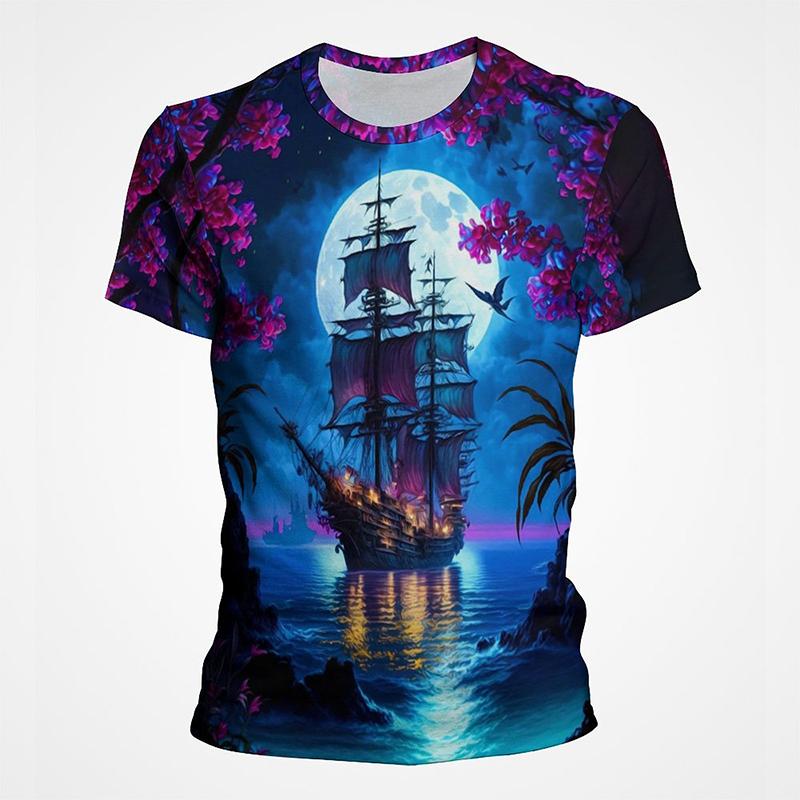 Segelboot Piratenschiff Grafik T-Shirts Herren 3D-Druck Kurzarm Tee Tops Lässig Herren Übergröße Streetwear T-Shirt Ropa Hombre