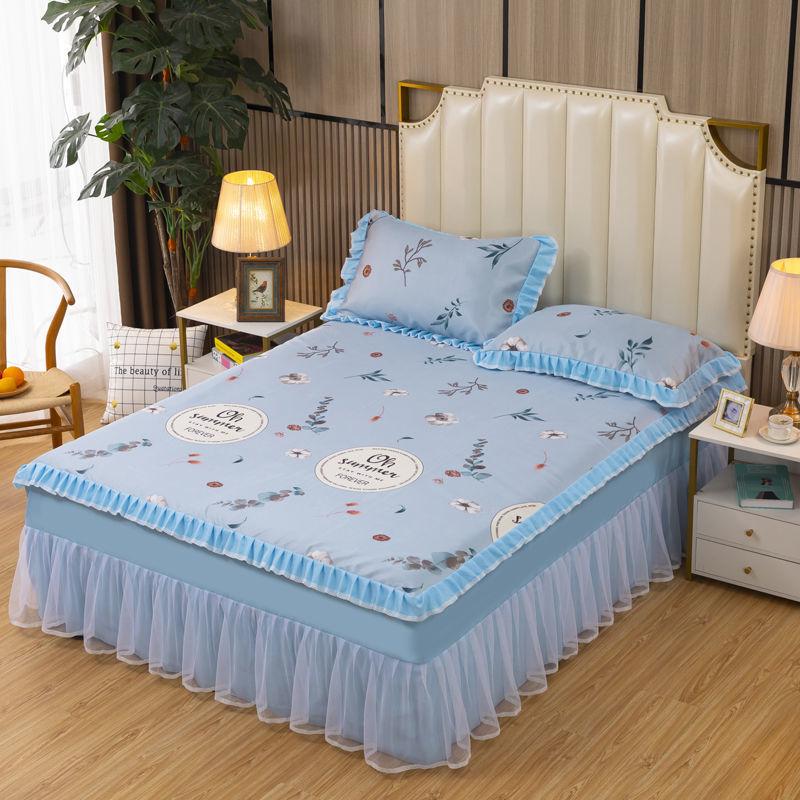 Summer Bed Skirt Ice Silk Summer Mat Water Machine Washable Folding Bed Cover Single Double Air Conditioning Soft Mat Three-Piece Set