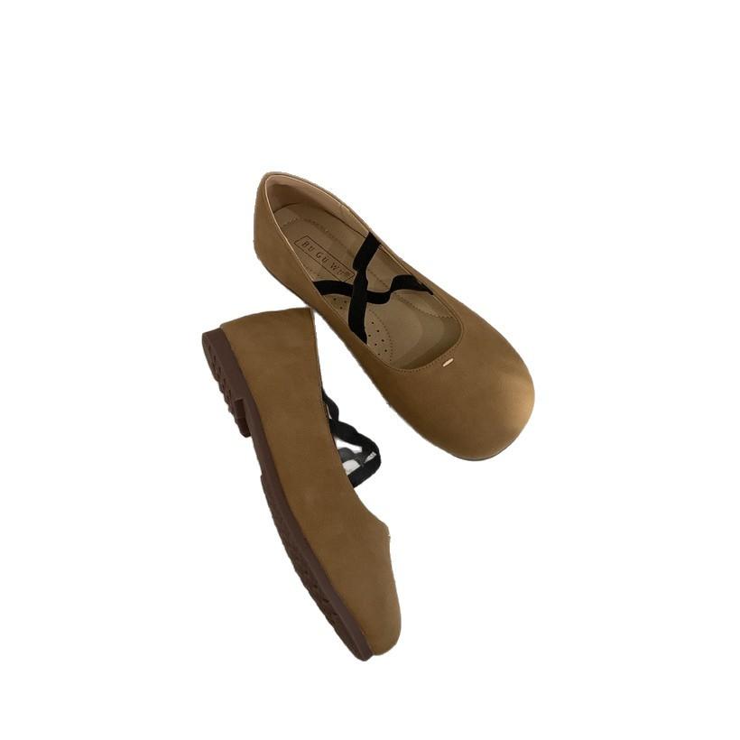 Leather Niche Round Head Cross Elastic Band Flat Ballet Shoes Mary Jane Shoes Women's Summer and Autumn 2025 Single Shoes