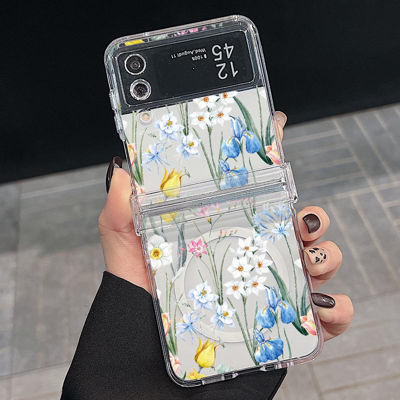 

Для Magsafe Magnetic 3PCS Case для Samsung Z Flip6 Flip5 Flip4 ударопрочный цветной цветочный узор прозрачный ПК жесткий тонкий чехол для телефона чехол Samsung Z Flip4