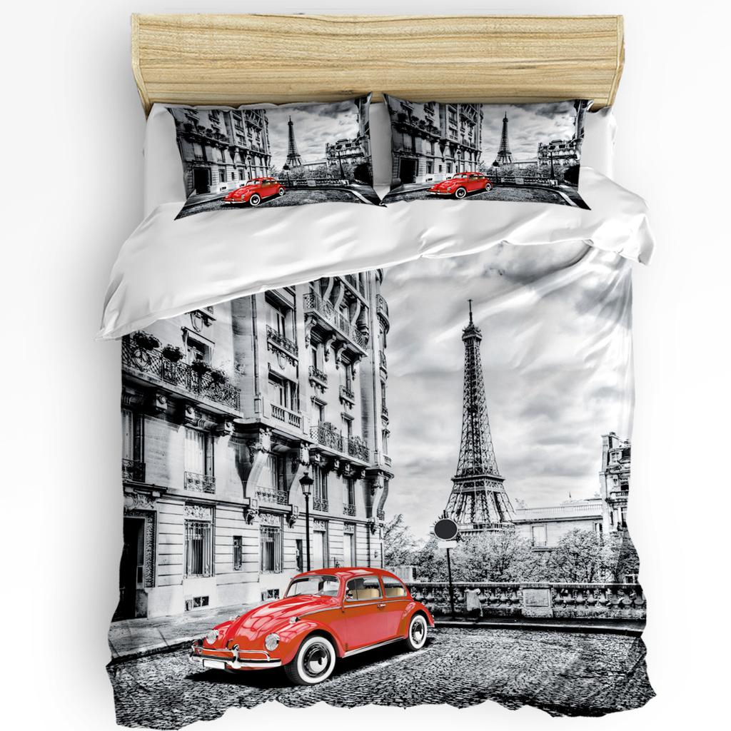 Red Vintage Car Paris Tower Street Duvet Cover With Pillow Case Custom 3pcs Bedding Set Quilt Cover Double Bed Home Textile