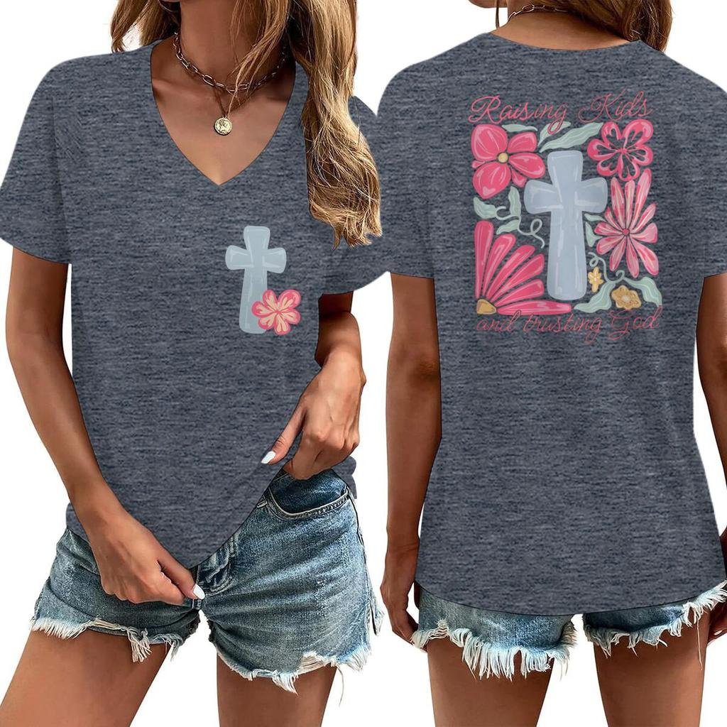 Religious Christian Faith Tshirts Short Sleeve Vneck Casual Tops Jesus Cross Flower Shirt Cross Faiths Casual Tshirt Women