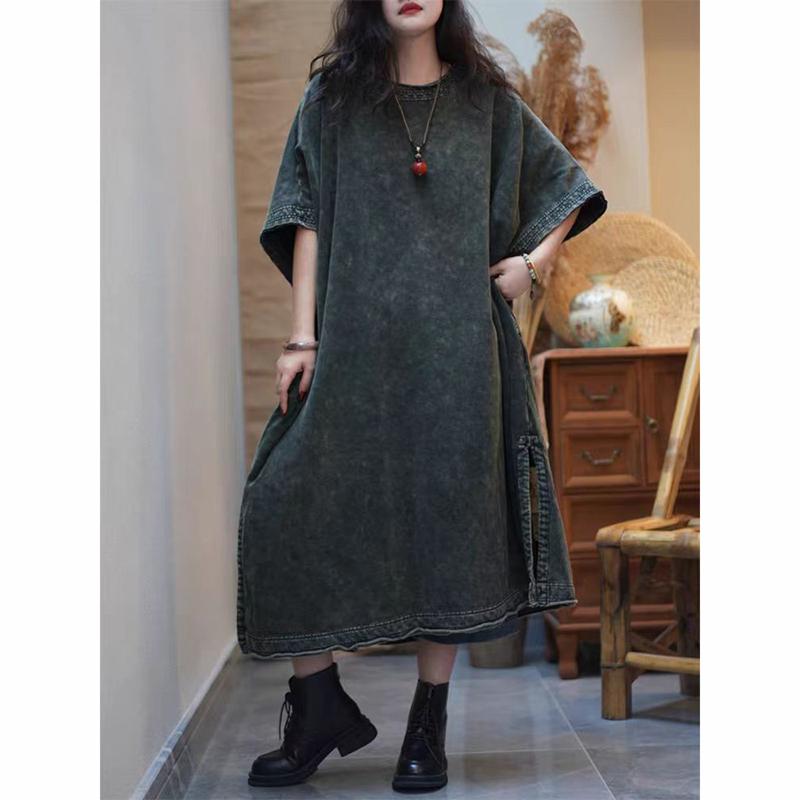 Summer New Arts Style Women O-neck Loose Vintage A-line Long Dress Side Split Design Good Quality Cotton Linen Dresses