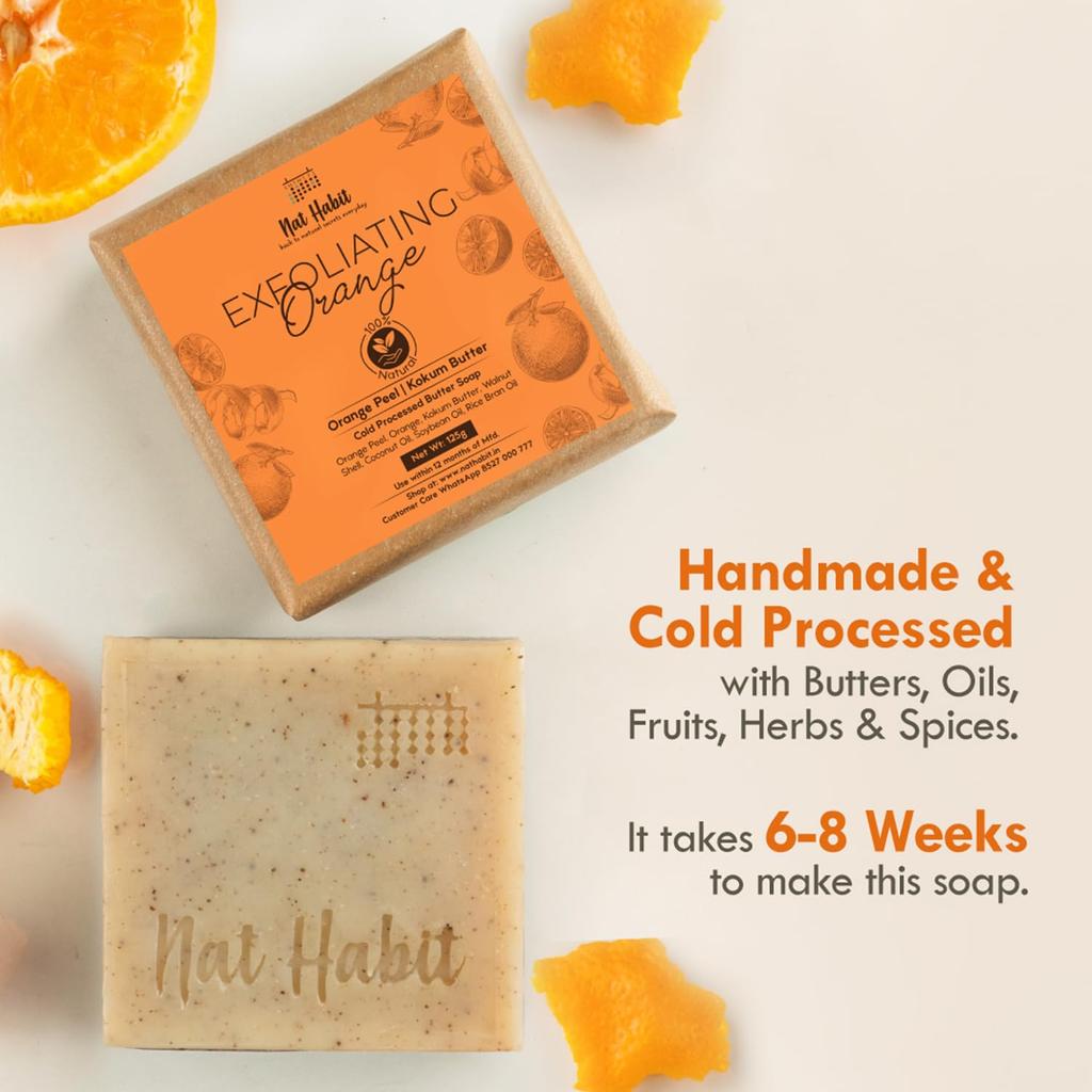 Nat Habit Orange Kokum Butter Bath Soap for Women & Men | Cold Processed With Vit C for Body Acne, Pimple & Oil Control | Improve Skin Tone & Boost