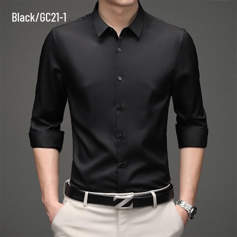Men's Solid Color Iron-Free Stretch Korean Style Slim Fit Long Sleeve Business Casual Shirt - White