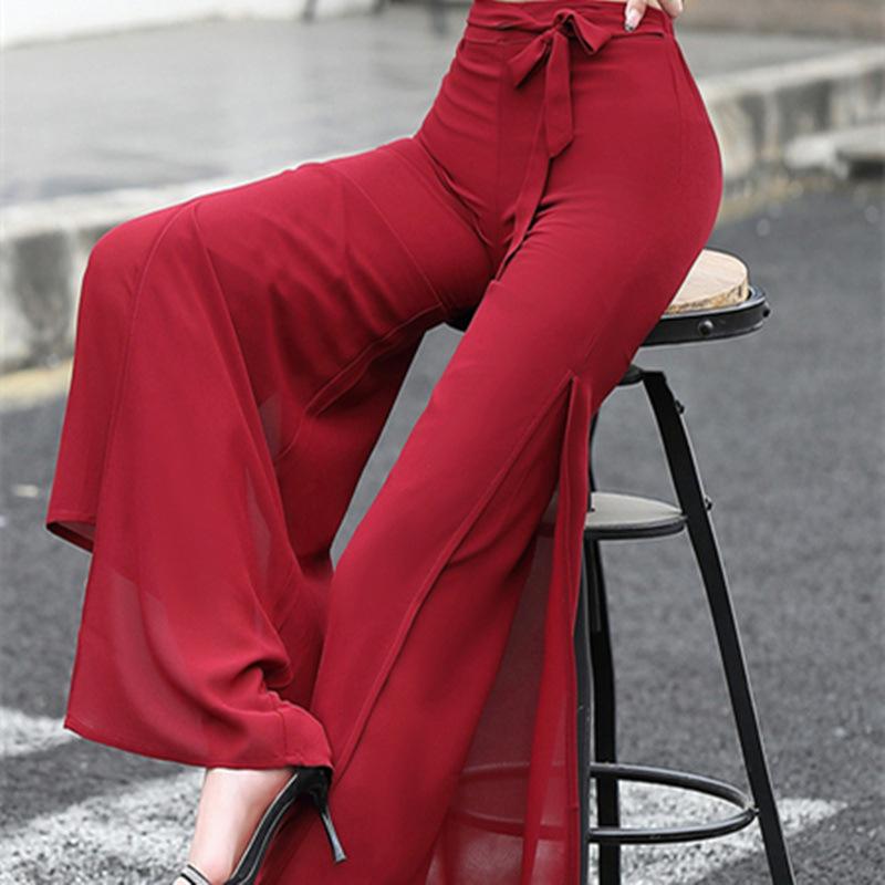Women's Summer Chiffon Wide-leg Pants High-waist Split Culottes Drape Swing Pants Elegant Loose Double-layer Pants