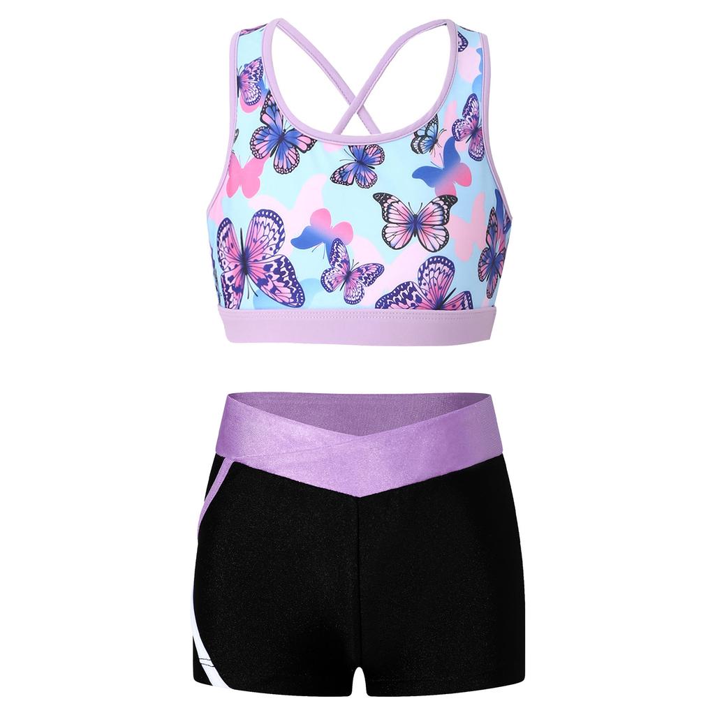 Completo Sportivo da Ragazza Senza Maniche Scollo a U Spalline Incrociate sulla Schiena Crop Top Stampato Pantaloncini a Vita Bassa Elastica