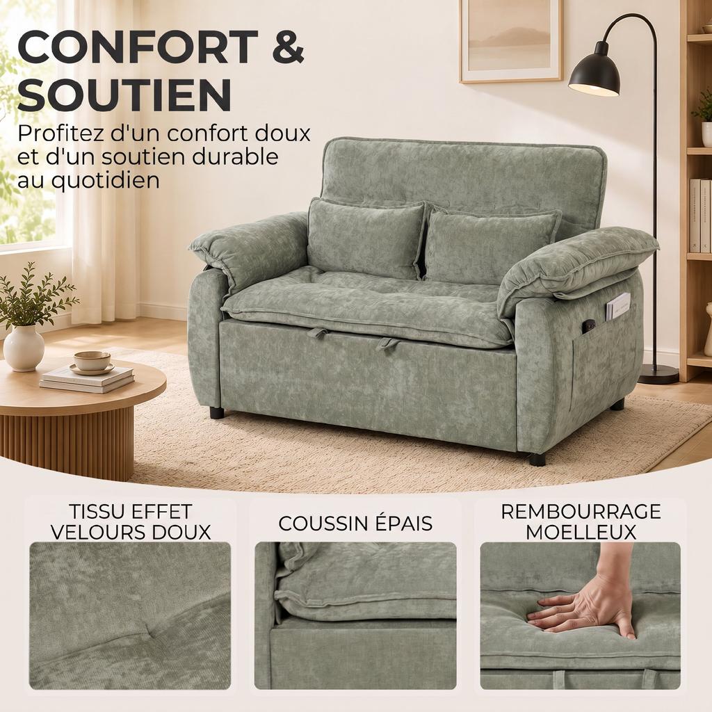 Convertible Sofa, 2-Seater, 3-in-1 Velvet Sofa Bed, 137 Cm, Adjustable Backrest, 2 Pillows, Green