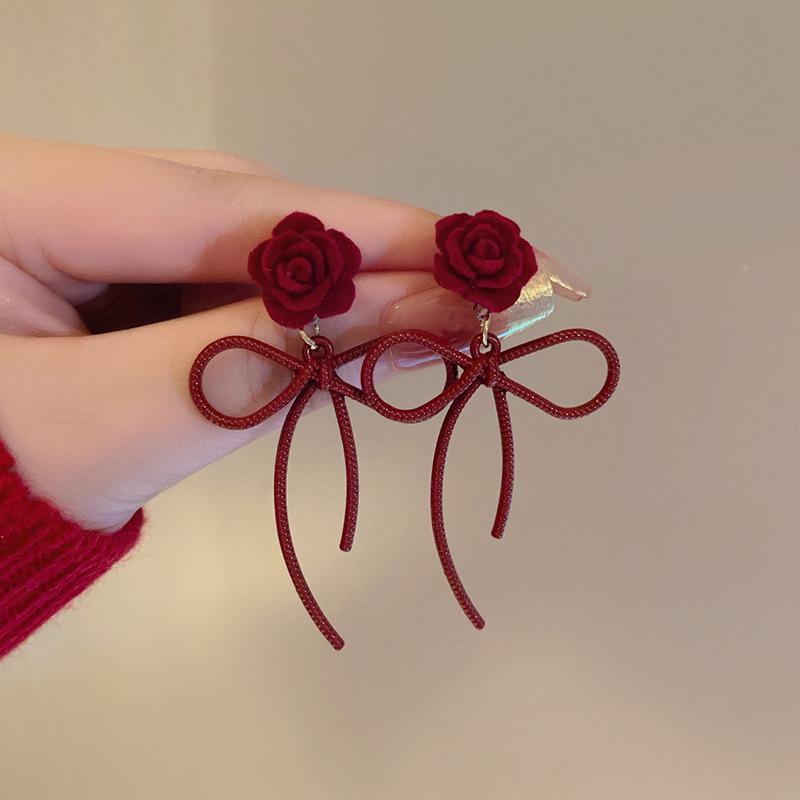 Red flower bow stud earrings niche design sense light luxury fashion high-end earrings autumn versatile