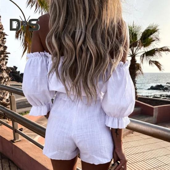 2 Pcs/Set Women Crop Top Shorts Set Shirring Short Bubble Sleeve Off Shoulder Backless Bandeau High Waist Solid Color Pockets Lady Club Party Outfit