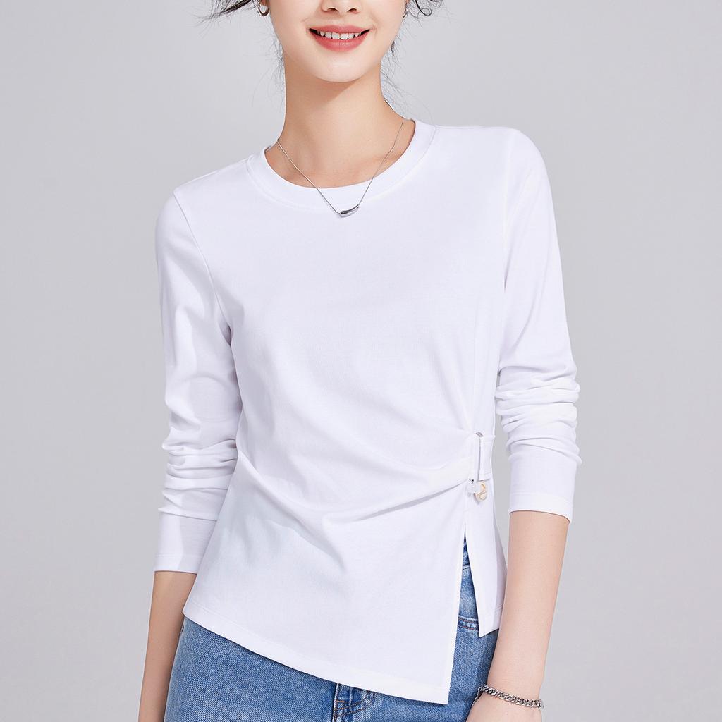 Crew Neck Front Shoulder Black Women's Spring and Autumn New Thin Irregular Split Hem Top Long Sleeve Women