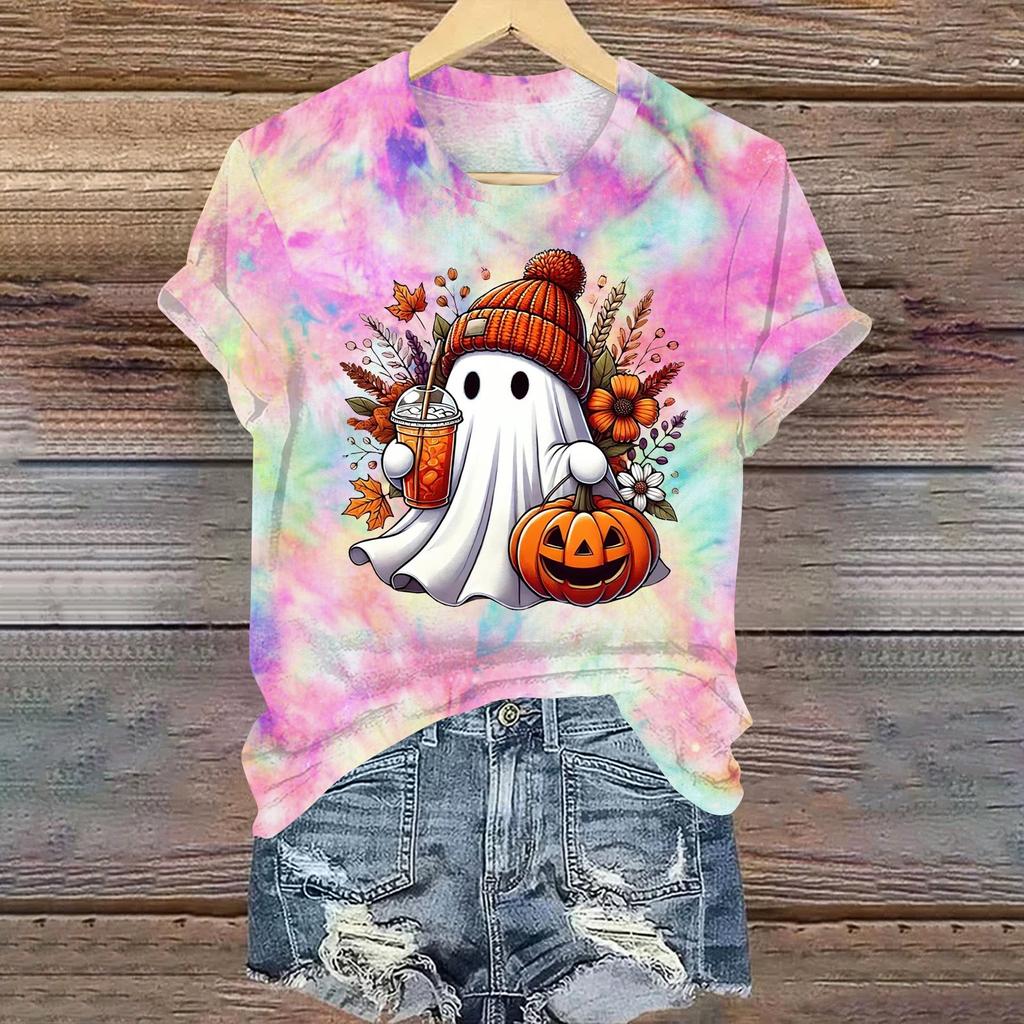 Ladies' Casual Halloween Printed Round Neck Short Sleeved T-Shirt