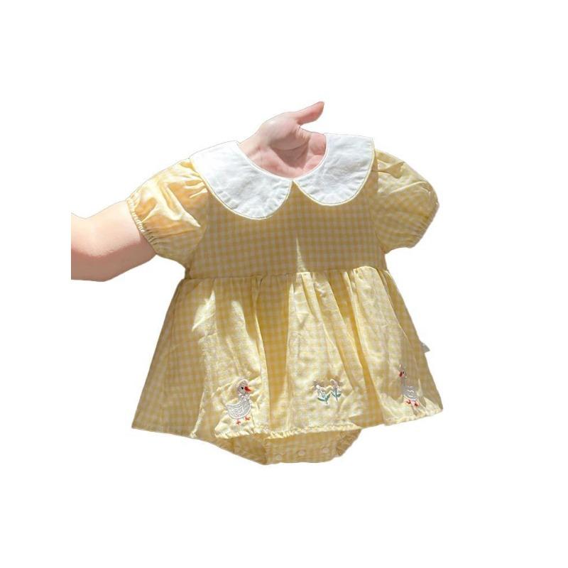 Sweet Cute Baby Girl Onesie Plaid Pattern Rabbit Embroidery Doll Collar Stylish Summer Crawling Bodysuit