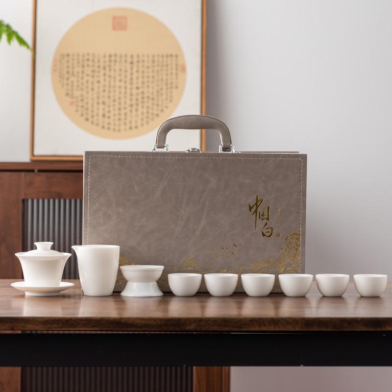 Suet jade white porcelain kung fu tea set thousand miles Jiangshan cover bowl ceramic set gift box home business souvenir gift