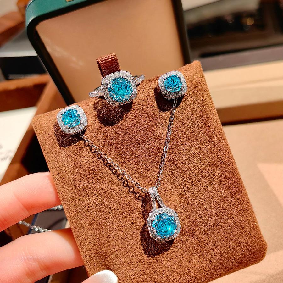 Fashion Square Bag Octagonal Rose Cut Pendant Necklace Colorful Diamond Ring Aquamarine Earrings Pink Diamond Treasure Suit Women
