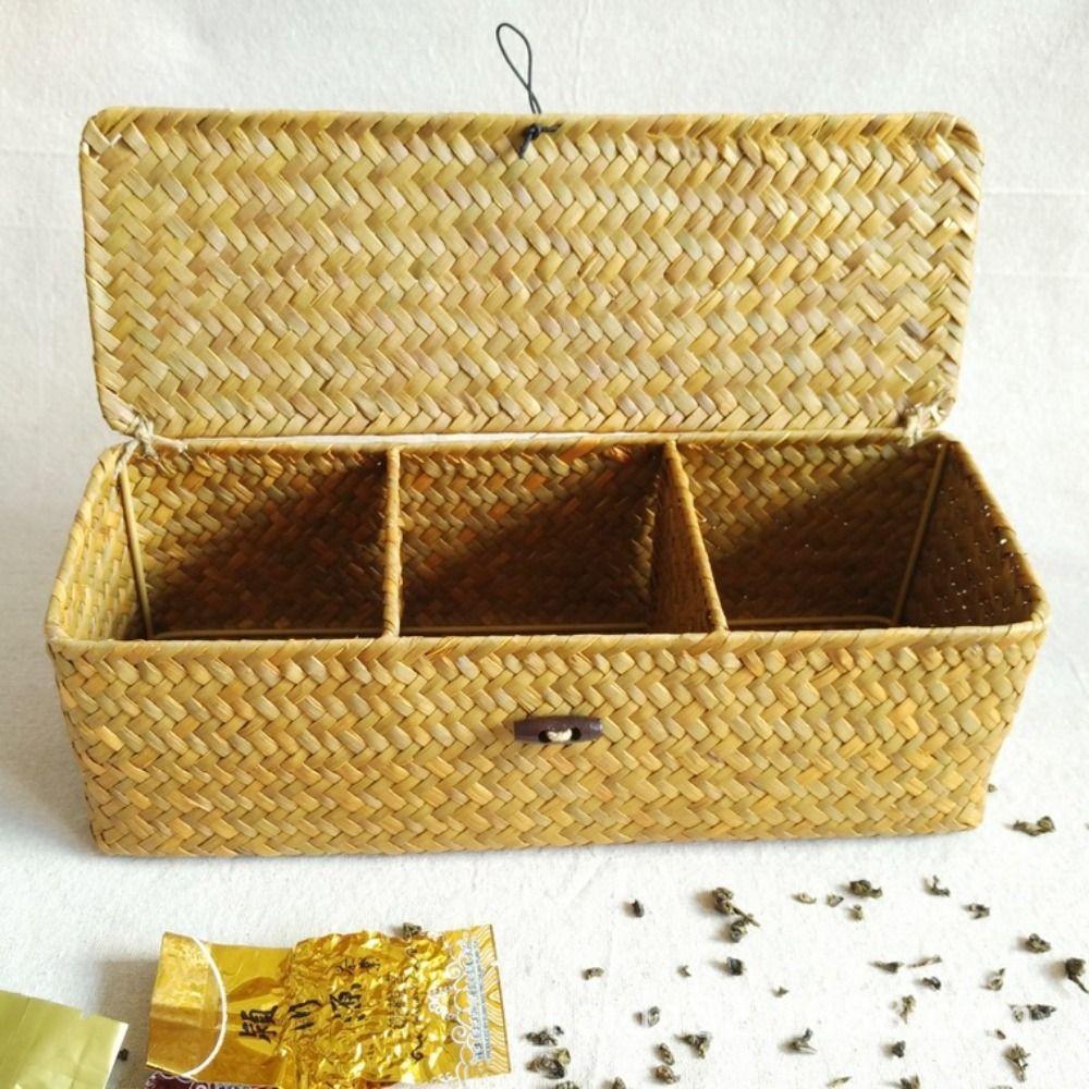 Rectangular 3 Grid Handwoven Storage Basket Dustproof Rattan Divider Storage Box  Wardrobe