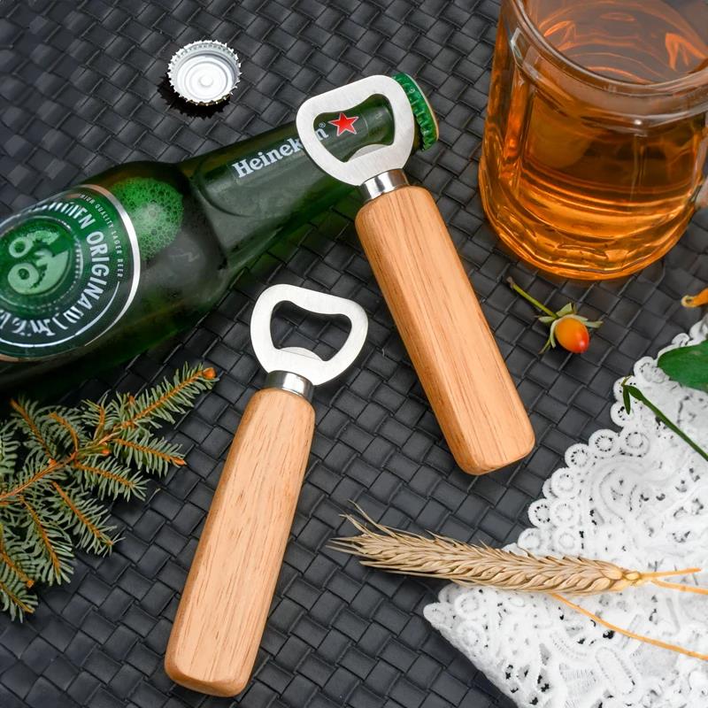 1pc Stainless Steel Beer Bottle Opener with Solid Wood Handle Creative Home Bar Essential Tool for Household Use1