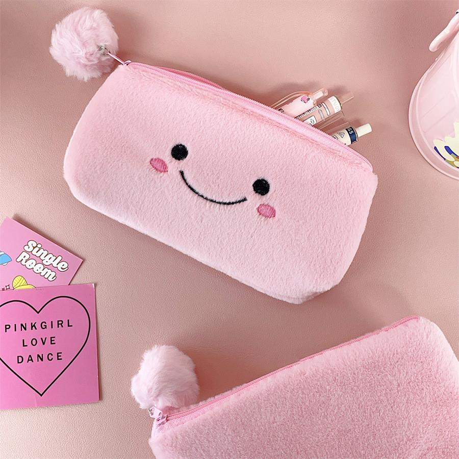 Cute Pink Smiling Pom Large Capacity Pencil Case Plush Storage Bag Students For