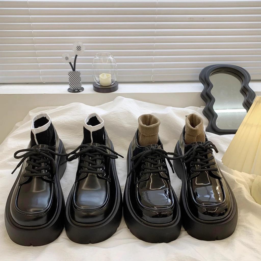 Black shorty Le small leather shoes women's autumn new retro platform muffin round head loafer single shoes