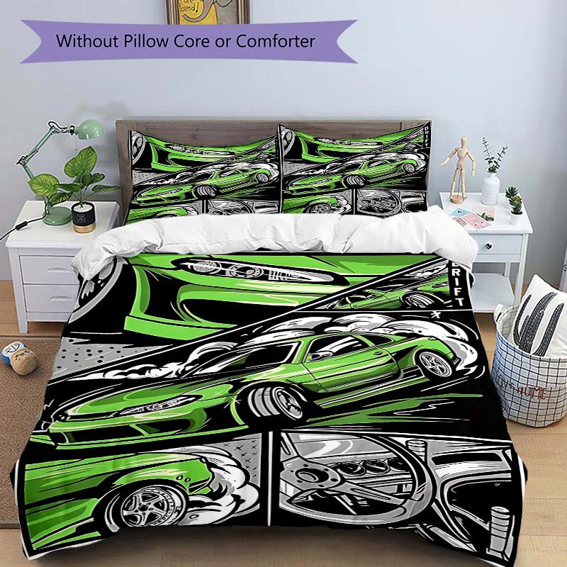 

3pcs Drift Car Anime Cartoon Design Comforter Set with One Quilt Cover and Two Pillowcases (No Core) - Home Decor, Festival Gift, Polyester Fabric, Su 135x200cm
