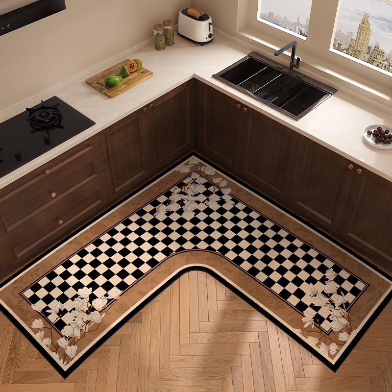 L-shaped Carpet for Kitchen Absorbent Non-slip Floor Mat Minimalist Retro Style Home Decoration Rug Oil Absorption Wipeable