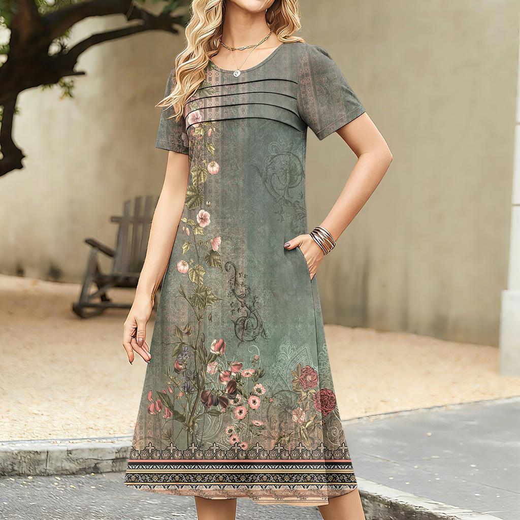 Damenkleid mit Blumenmuster, lässig und modisch, kurzärmelig, Rundhalsausschnitt