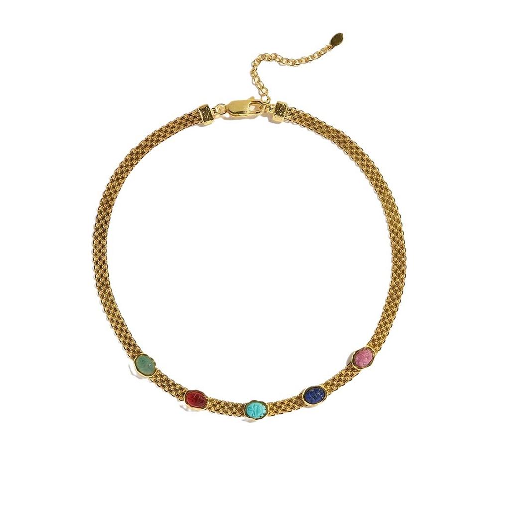 Premium Metal Copper Plated 18K Real Gold Inlaid Colorful Gemstone Clavicle Chain Niche Light Luxury Wide Necklace