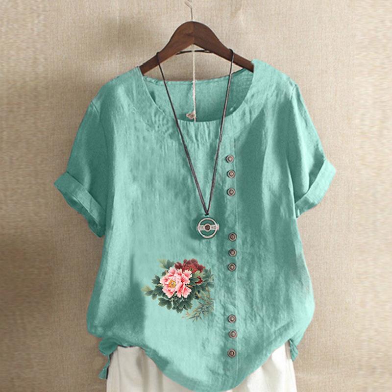 Damen T-Shirt mit Rundhalsausschnitt, kurzärmelig, Blumenmuster, Leinenhemd, Sommer, lässig, Übergröße