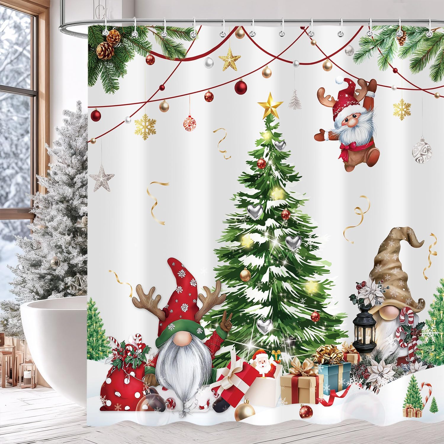 

Winter Christmas Shower Curtain, Window Snow Scene Glitter Xmas Tree Aesthetic Bathroom Decor, Rural Pine Tree Natural Scenery W60H190(CM)-1 Pcs