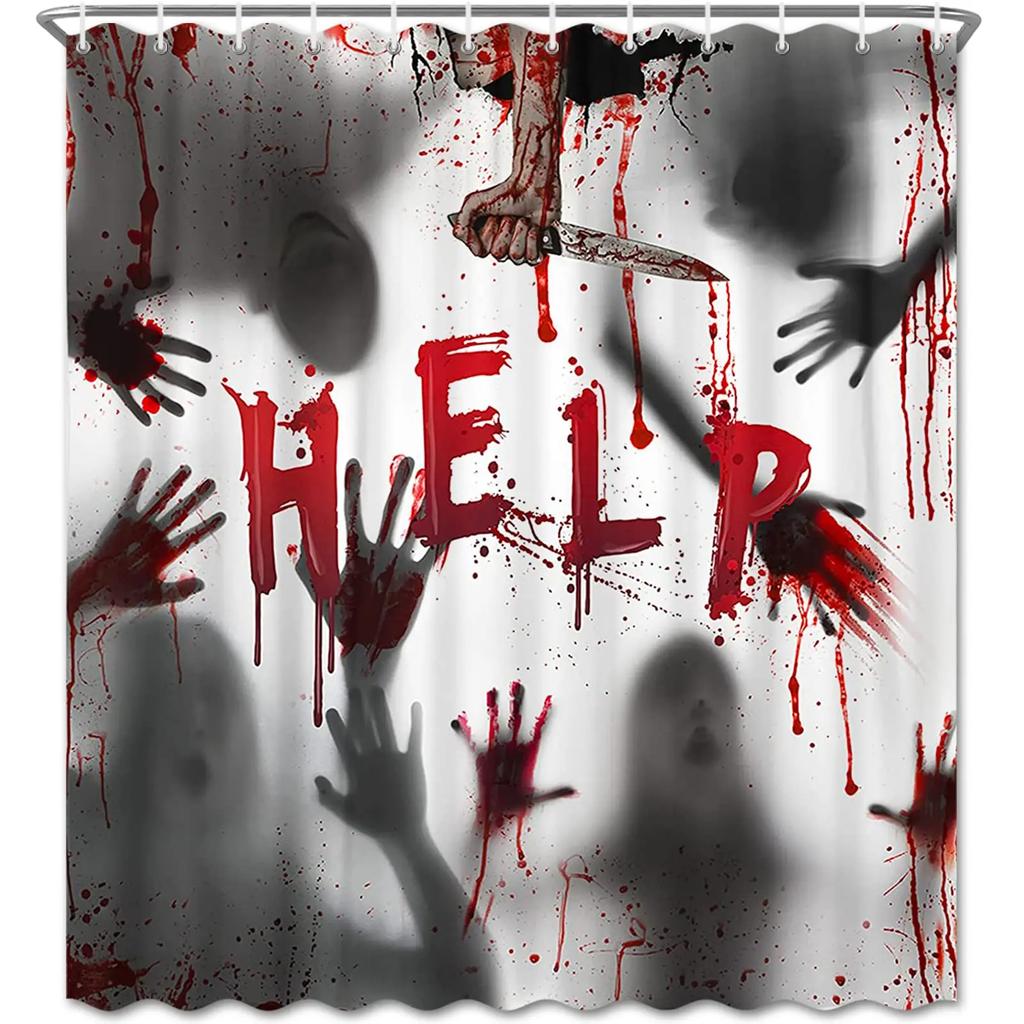 Halloween Shower Curtain Waterproof Bathroom Curtains Horror Bloody Hands Bath Curtain With Hooks For Help Me Scary Home Decor